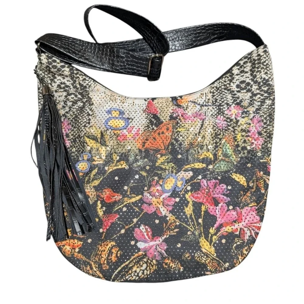 Expressions NYC Butterfly‎ Floral Studded Boho Crossbody Hobo Bag Tassel Detail